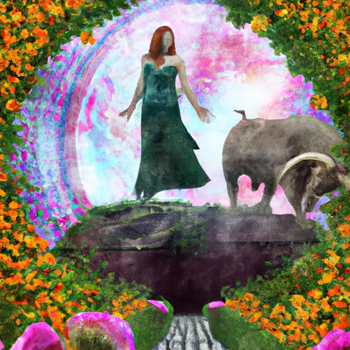 An image showcasing a Taurus woman standing on a solid rock, surrounded by a beautiful garden filled with blooming flowers, symbolizing trust and loyalty