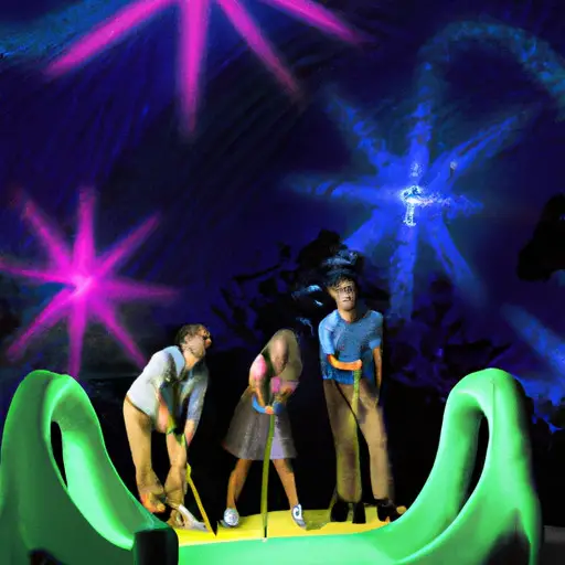 An image capturing two couples laughing uproariously while playing mini golf under the vibrant glow of neon lights, surrounded by whimsical obstacles and a backdrop of a starry night sky