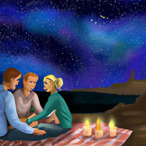 An image of two couples sitting under a starry night sky, sharing a cozy picnic on a blanket