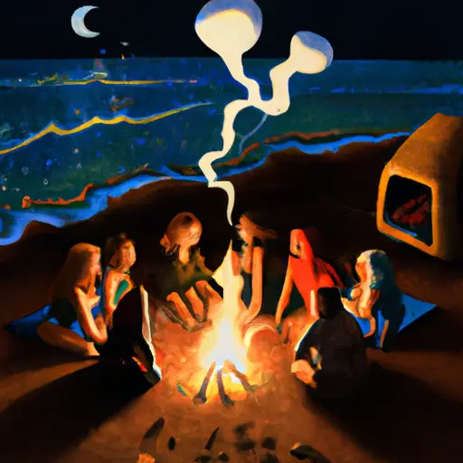An image featuring a cozy bonfire on a moonlit beach, where four friends are engrossed in a lively game of charades, surrounded by flickering fairy lights, laughter, and the aroma of toasted marshmallows