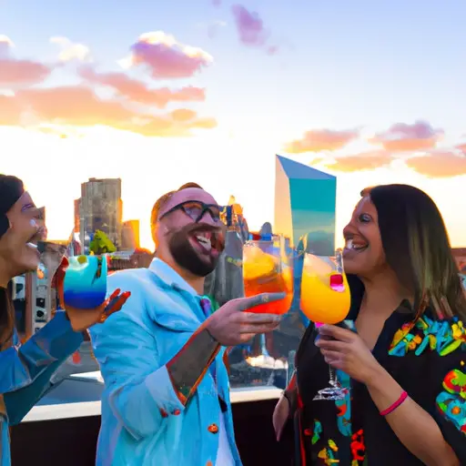 An image showcasing two couples laughing and toasting with colorful cocktails at a trendy rooftop bar, against a backdrop of a vibrant city skyline at sunset