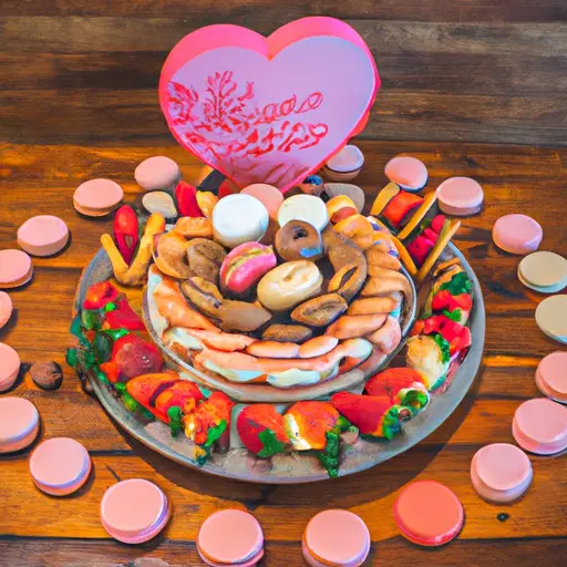 An image showcasing a beautifully decorated heart-shaped cake, surrounded by an assortment of delicious homemade treats like chocolate-covered strawberries, freshly baked cookies, and colorful macarons, all arranged on a charming vintage dessert stand