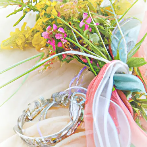 An image showcasing a beautifully arranged bouquet of vibrant wildflowers, delicately wrapped in a pastel ribbon, next to a handcrafted charm bracelet adorned with dainty charms that represent cherished memories