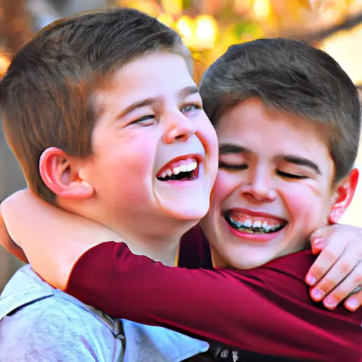 a heartwarming moment of two brothers embracing, their faces beaming with joy, while one playfully tickles the other's chin