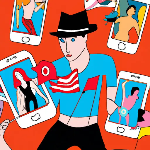An image portraying a woman swiping left on her phone, surrounded by a sea of red flags: a guy holding a fish, another with a shirtless mirror selfie, and one wearing a fedora