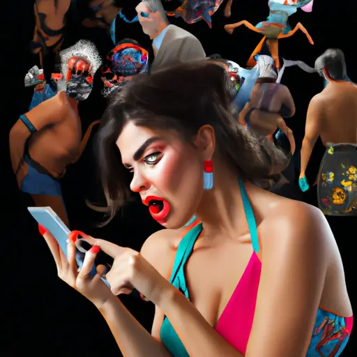 An image showing a woman in disbelief, holding her phone with a disgusted expression, while surrounded by cartoonish profiles of Tinder guys showcasing bizarre hobbies, outrageous outfits, and comically unattractive features