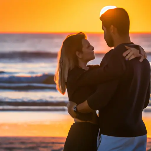 An image capturing the essence of Tinder love stories: a couple embracing under a golden sunset on a picturesque beach, their eyes locked in adoration, as their laughter and joy fill the air