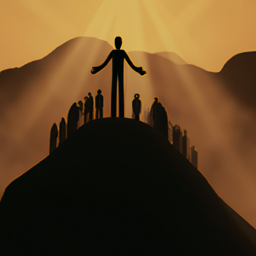 An image showcasing a person standing on a mountain peak, embraced by a warm, glowing light emanating from a group of diverse individuals surrounding them, symbolizing the profound importance of unconditional support