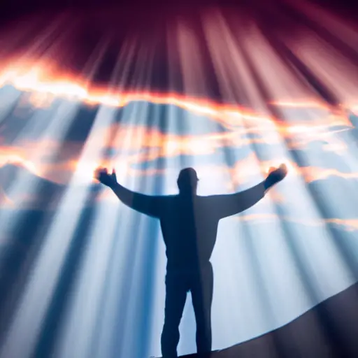 An image depicting a person standing on a mountaintop, arms outstretched, as a ray of sunlight pierces through dark clouds, symbolizing the unwavering support and encouragement that accompanies them on their journey