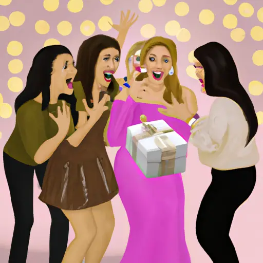 An image capturing the essence of a surprise bridesmaid proposal: a joyful bride-to-be, holding a shimmering gift box behind her back, surrounded by her unsuspecting friends, their faces filled with astonishment and excitement
