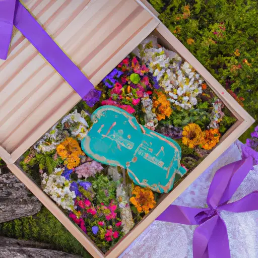  the essence of a DIY bridesmaid proposal with an enchanting image: A rustic wooden box adorned with delicate lace, filled with handcrafted personalized trinkets, nestled amongst vibrant wildflowers, awaiting the deserving bridesmaids-to-be