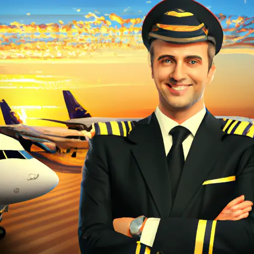 An image showcasing a UPSPilot's career perks: a smiling pilot in a crisp uniform, surrounded by a fleet of state-of-the-art aircraft, with a backdrop including a luxurious airport lounge and an idyllic sunset