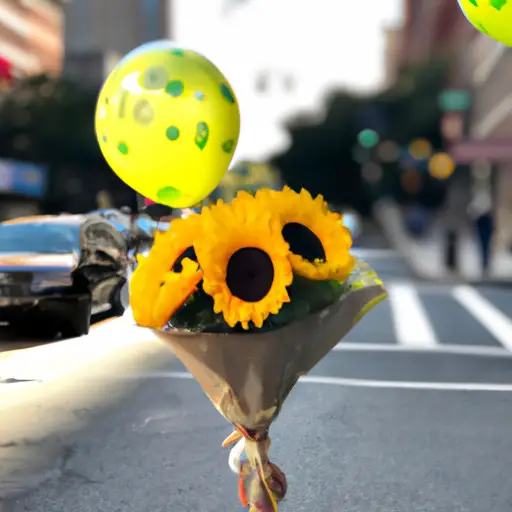 An image capturing a person handing a bouquet of vibrant, sunflower-filled balloons to a stranger on a bustling city street, their face beaming with joy as the recipient's eyes light up with a contagious, heartwarming smile