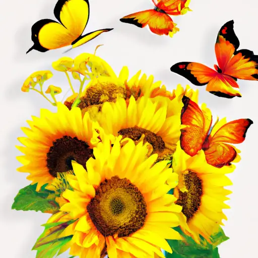 An image showcasing a vibrant bouquet of sunflowers, surrounded by colorful butterflies, as a symbol of compliments