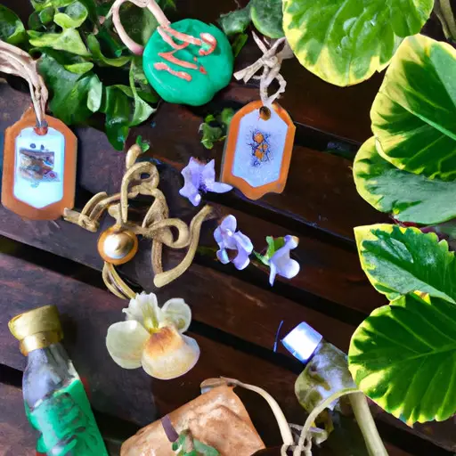 An image showcasing a rustic wooden table adorned with delicately wrapped homemade lavender sachets, personalized seashell keychains, and miniature bottles of locally sourced olive oil, all surrounded by lush tropical foliage
