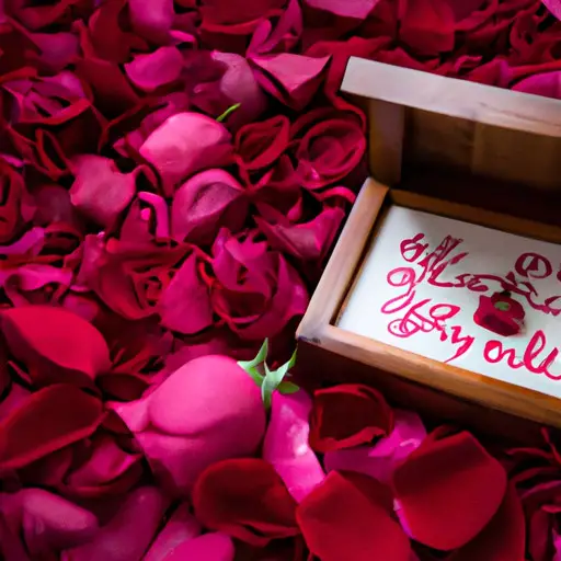 An image showcasing a beautifully adorned wooden proposal box, delicately carved with the couple's initials, nestled amidst a bed of fragrant rose petals