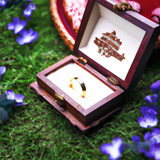 An image featuring a beautifully handcrafted wooden wedding proposal box, adorned with intricate carvings and delicate gold accents