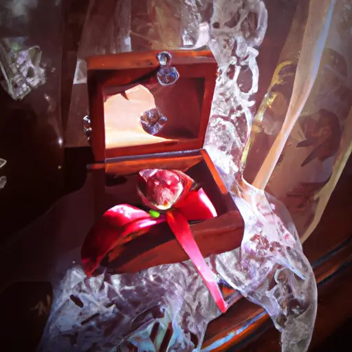 An image of a glistening, antique wooden box adorned with intricate carvings, delicately tied with a satin bow