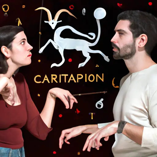 An image showcasing a capricorn man and sagittarius woman engrossed in a captivating intellectual conversation