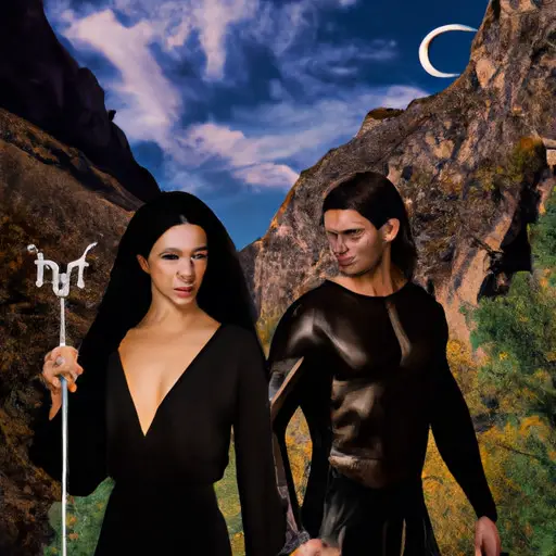 An image featuring a scenic mountain landscape as a backdrop, with a confident Capricorn man standing beside a carefree Sagittarius woman