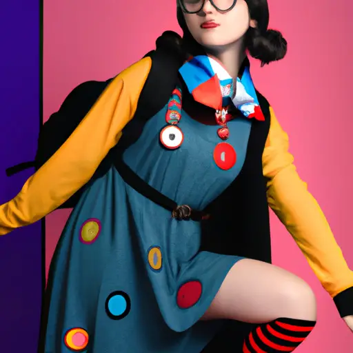 An image showcasing a stylish young woman with oversized round glasses, vintage comic book-inspired dress, colorful mismatched socks, and a backpack adorned with sci-fi buttons, exuding confidence and embracing her nerdy passions