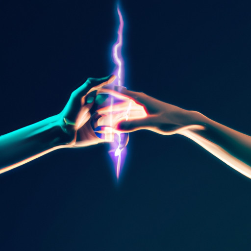 An image of two people holding hands, with an electrifying surge of energy flowing between them, symbolizing the intense excitement and enthusiasm experienced in a geeked relationship