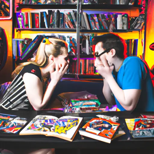 An image showcasing a couple engaged in a passionate conversation about their shared interests, surrounded by vibrant comic books, gaming consoles, and sci-fi memorabilia, capturing the essence of being "geeked" in a relationship