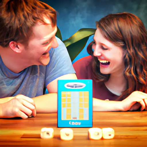 An image of two people passionately engrossed in a board game, their eyes shining with excitement as they share an inside joke