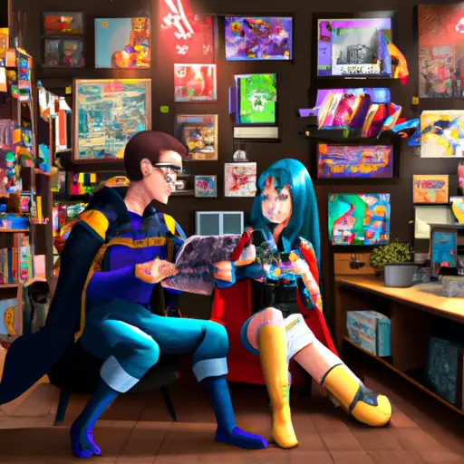 An image that showcases a couple cosplaying as their favorite characters, passionately discussing comic books and video games while surrounded by posters, action figures, and a cozy corner filled with board games and consoles