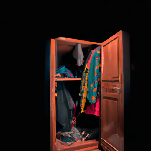 An image showcasing a closed wardrobe, partially open, revealing a mixture of colorful clothes and shadows