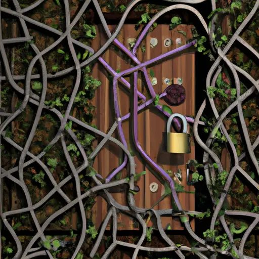 An image showcasing a closed closet door with a heavy lock, surrounded by a maze of tangled thorny vines