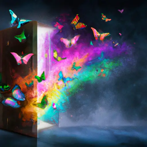 An image that captures the essence of coming out of the closet: a closed door partly ajar, revealing a burst of vibrant light and colorful butterflies soaring freely, symbolizing liberation, self-acceptance, and the beauty of embracing one's true identity