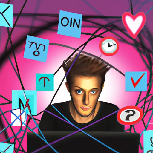 An image depicting a person sitting at a computer, puzzled expression on their face, surrounded by a web of colorful strings connecting various dating profile icons, as they attempt to decipher the enigmatic meaning of 'rm'