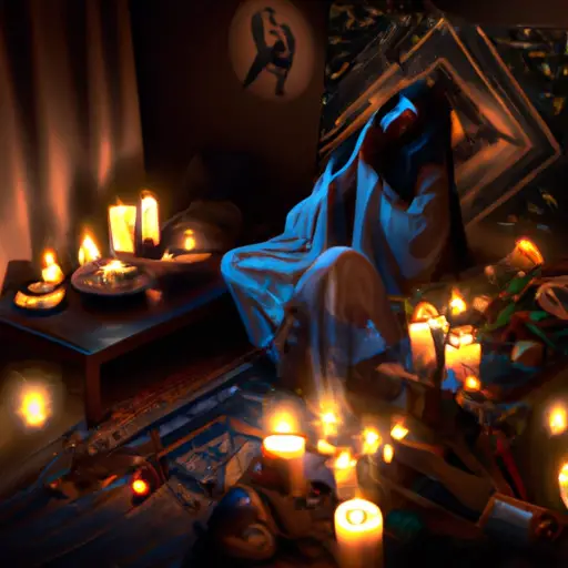 An image showcasing a serene, dimly lit room adorned with flickering candles