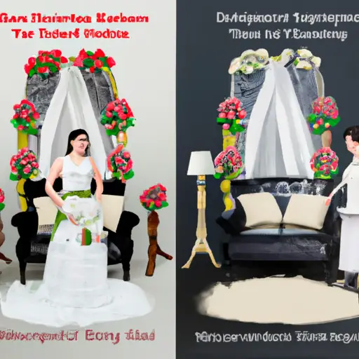 An image showing two contrasting wedding scenes side by side: one with a traditional ceremony and reception, and the other with separate ceremonies for each partner