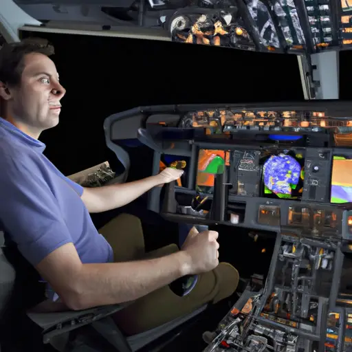 An image showcasing a pilot seated in a state-of-the-art flight simulator, surrounded by a realistic cockpit environment, as their hands skillfully maneuver the controls