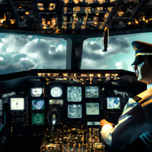 An image capturing the essence of a pilot's duties and responsibilities: a focused pilot in uniform, confidently maneuvering controls amidst a sea of dials and buttons, surrounded by the majestic cockpit instrumentation