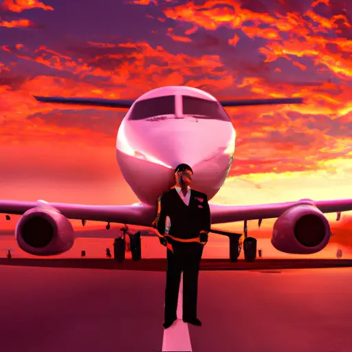 An image showcasing a pilot's exhilarating lifestyle and travel opportunities: A pilot clad in a crisp uniform, standing in front of a sleek aircraft, surrounded by a stunning sunset backdrop at a picturesque airport
