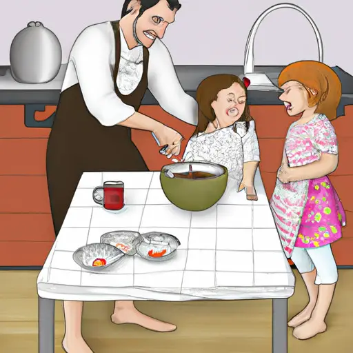 An image showcasing a warm and inviting kitchen scene, where a single dad and his children joyfully cook together