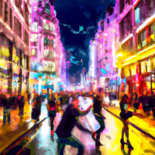 An image showcasing a bustling city street at dusk, adorned with vibrant neon lights reflecting off wet pavements