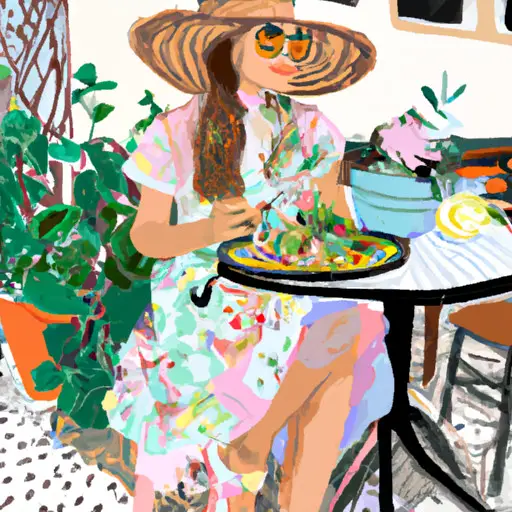 An image of a stylish woman sitting at an outdoor cafe, dressed in a flowy floral sundress, paired with delicate sandals and a straw hat, with a plate of colorful fresh salads in front of her