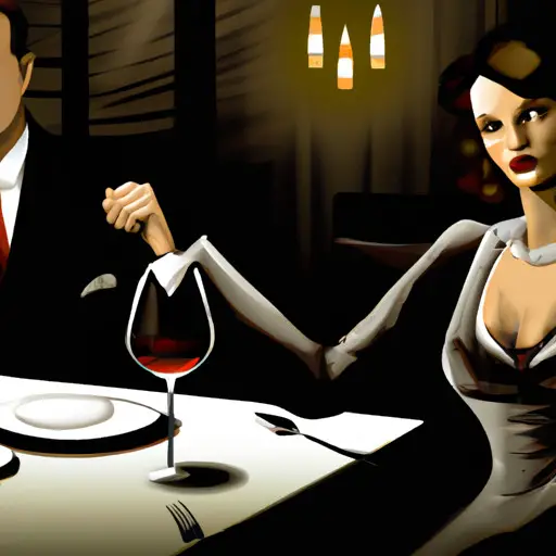 An image showcasing a stylish, elegant dining scene with a couple in a dimly lit upscale restaurant