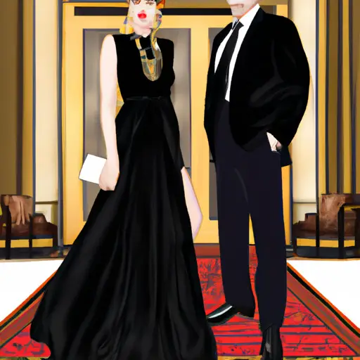 An image showcasing a well-dressed couple, elegantly clad in formal attire, standing in front of an opulent restaurant entrance