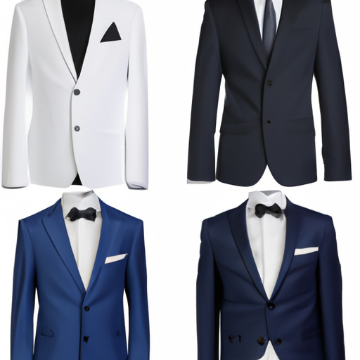 An image showcasing various options for formal attire, with a range of elegant dresses, tailored tuxedos, and stylish accessories