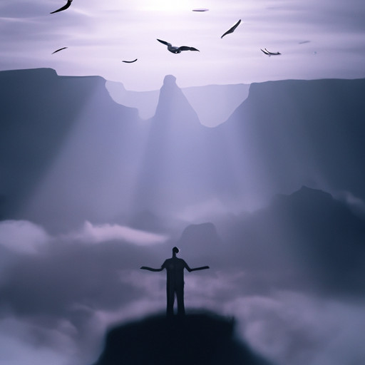 An image depicting a person standing on top of a mountain, humbly embracing the world below