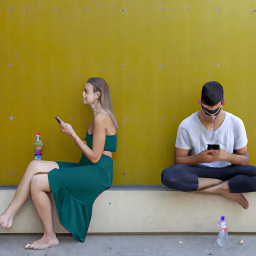 An image capturing the essence of modern dating's communication crisis: a couple sitting side-by-side, engrossed in their phones, oblivious to each other's presence, highlighting the absence of verbal connection in today's relationships