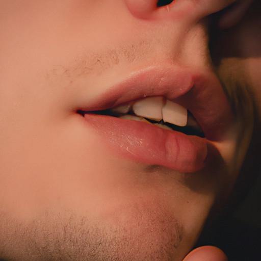  Create an image capturing the essence of nonverbal cues of attraction, focusing on a close-up of a man's lips slightly parting, his breathless whisper carrying a gentle warmth, as he softens his voice with an enamored gaze