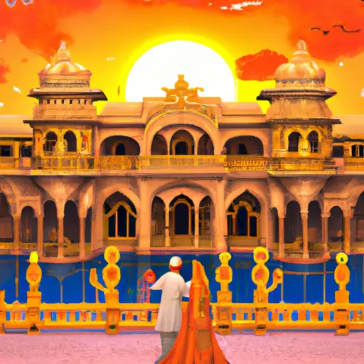 An image depicting a grand Indian palace adorned with vibrant marigold garlands, as couples dressed in traditional attire exchange vows under a golden sunset sky