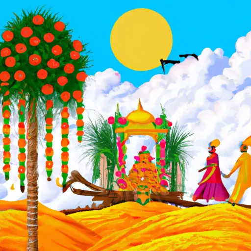 An image depicting a vibrant Indian landscape with a clear blue sky, blooming marigold flowers, and a traditional wedding procession, showcasing the influence of regional climates, cultural traditions, and auspicious dates on the timing of wedding seasons in India