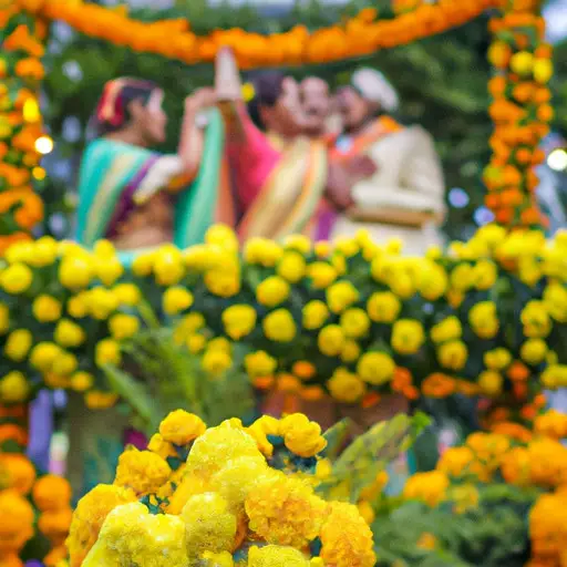 An image showcasing a vibrant outdoor Indian wedding ceremony, set against a backdrop of blooming marigold flowers and lush greenery